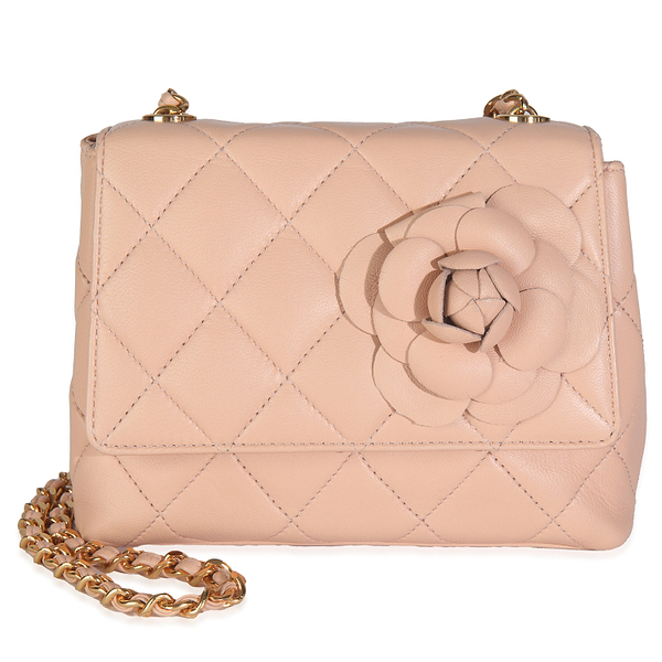 Vintage Beige Quilted Lambskin Mini Camellia Flap Bag