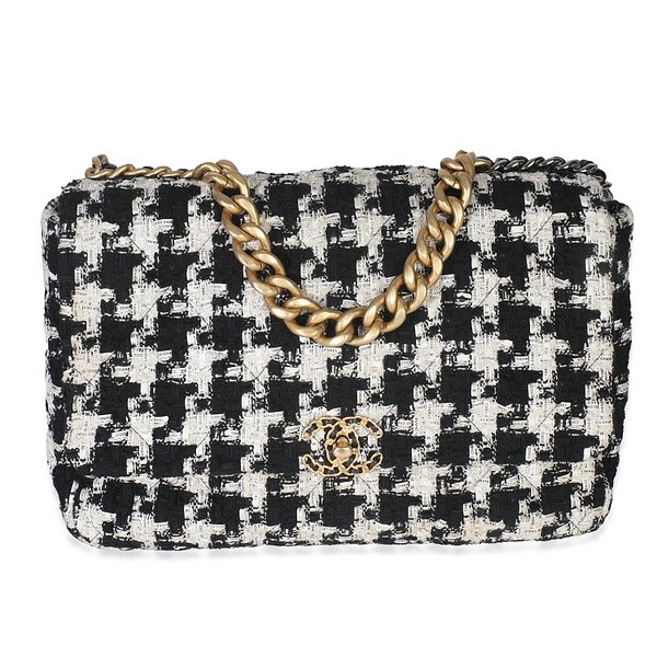 Black White Houndstooth Tweed Maxi Chanel 19 Flap Bag