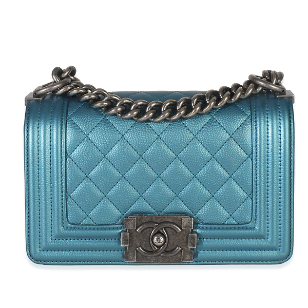 Blue Metallic Quilted Caviar Small Boy Bag