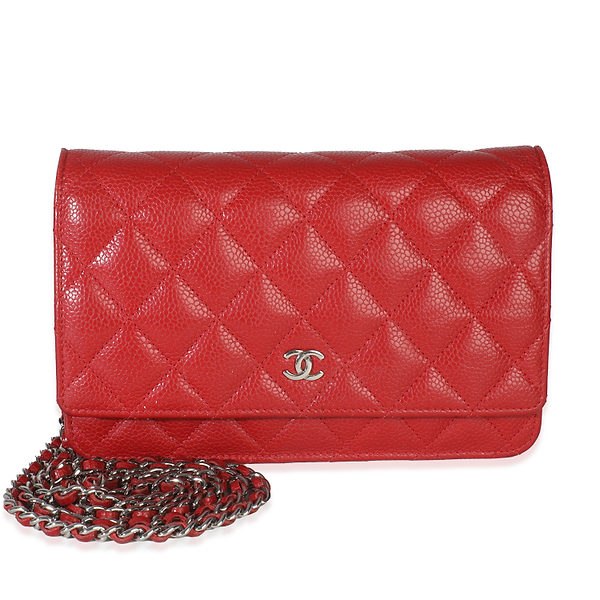 Red Quilted Caviar Classic Wallet On Chain