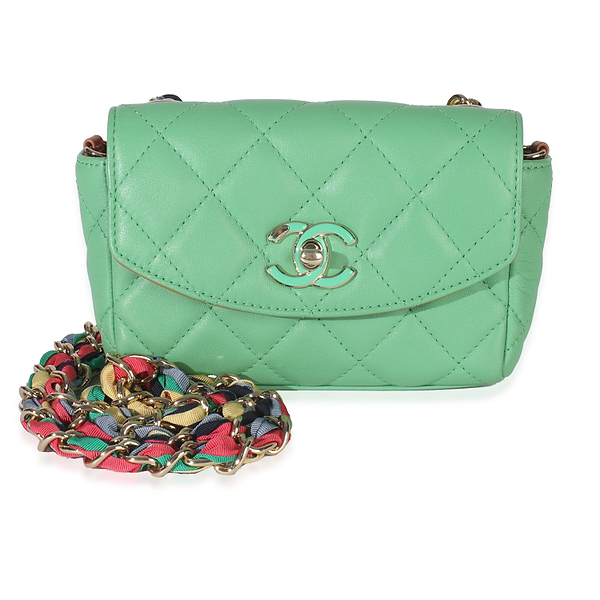 Green Quilted Lambskin Ribbon Chain Mini Flap Bag