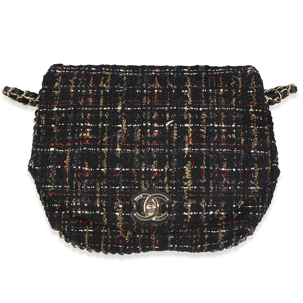 Gold Multicolor Tweed Small Chain Around Saddle Flap Bag