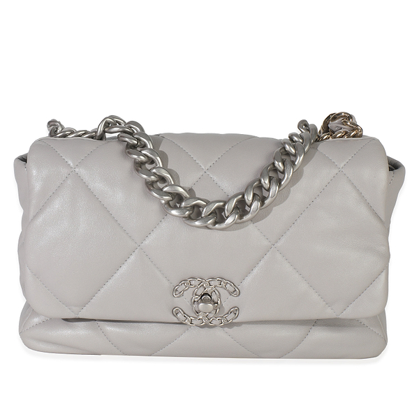 Grey Shiny Quilted Lambskin Large Chanel 19 Flap Bag