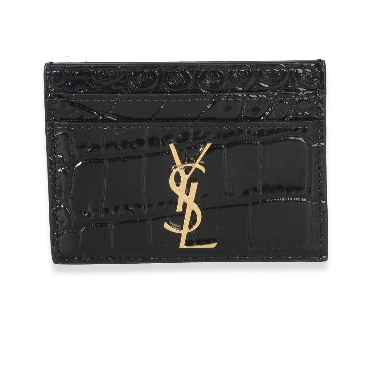 Black Croc Embossed Calfskin Logo Card Holder