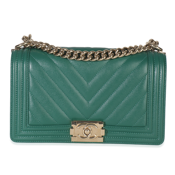 Dark Green Chevron Caviar Old Medium Boy Bag