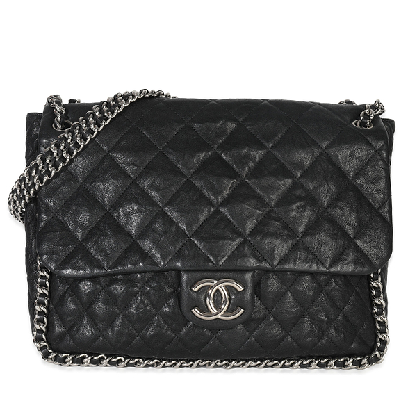 Black Quilted Washed Lambskin Chain Around Maxi Flap Bag