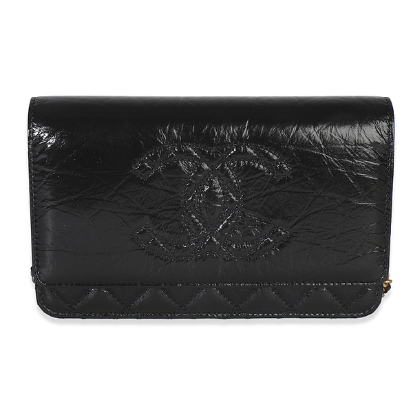 Black Shiny Aged Calfskin Timeless CC Wallet On Chain