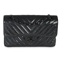 Black Metallic Chevron Crumpled Patent Small Classic Double Flap Bag