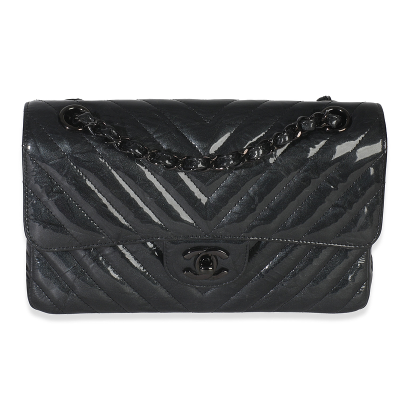 Black Metallic Chevron Crumpled Patent Small Classic Double Flap Bag