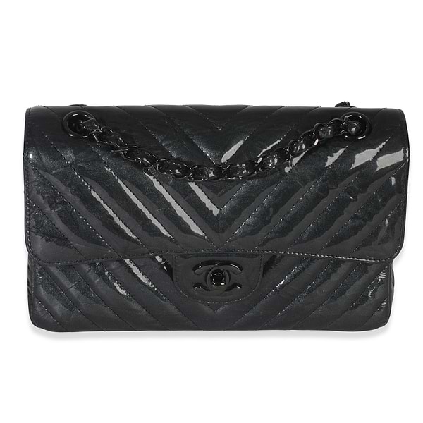 Black Metallic Chevron Crumpled Patent Small Classic Double Flap Bag
