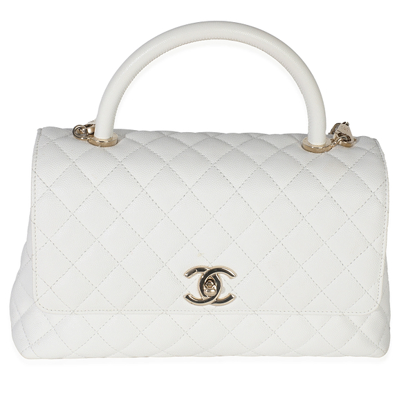 White Quilted Caviar Medium Coco Top Handle Bag