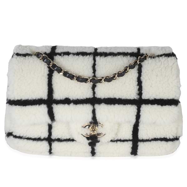 Black White CC Square Print Shearling Medium Flap Bag