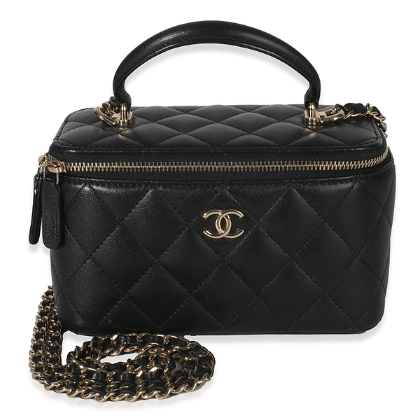 Black Quilted Lambskin Small Top Handle Vanity Case With Chain