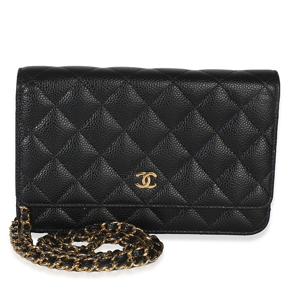 Black Quilted Caviar Classic Wallet On Chain