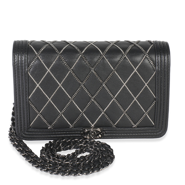 Black Quilted Chain Lambskin Boy Wallet On Chain