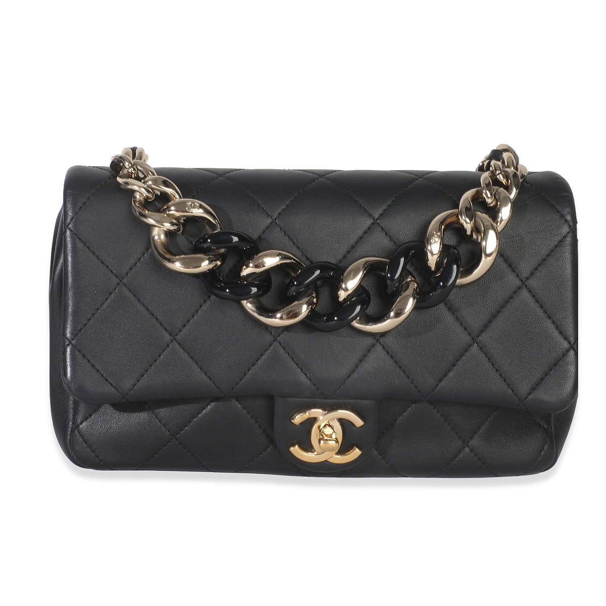 Black Quilted Lambskin Resin Elegant Chain Flap Bag