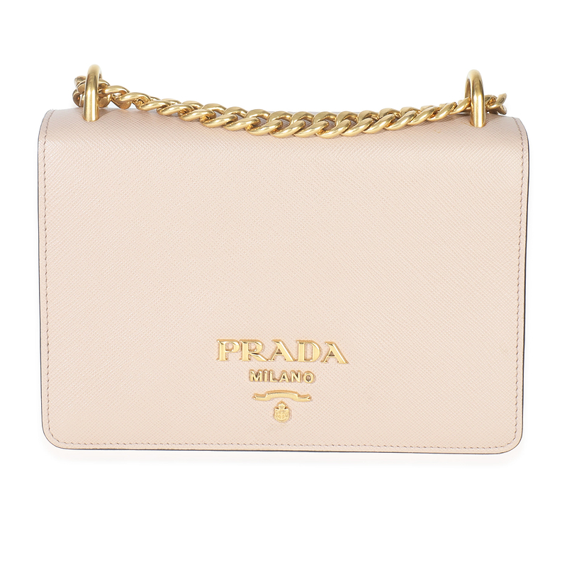 Beige Saffiano Small Logo Chain Flap Bag