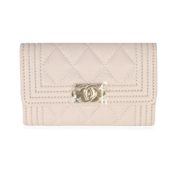 Beige Quilted Caviar Boy Card Holder Wallet