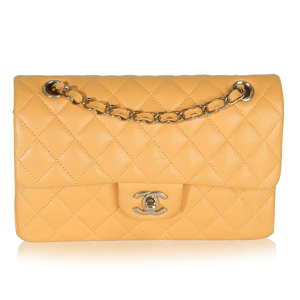 Yellow Caviar Quilted Small Classic Double Flap Bag