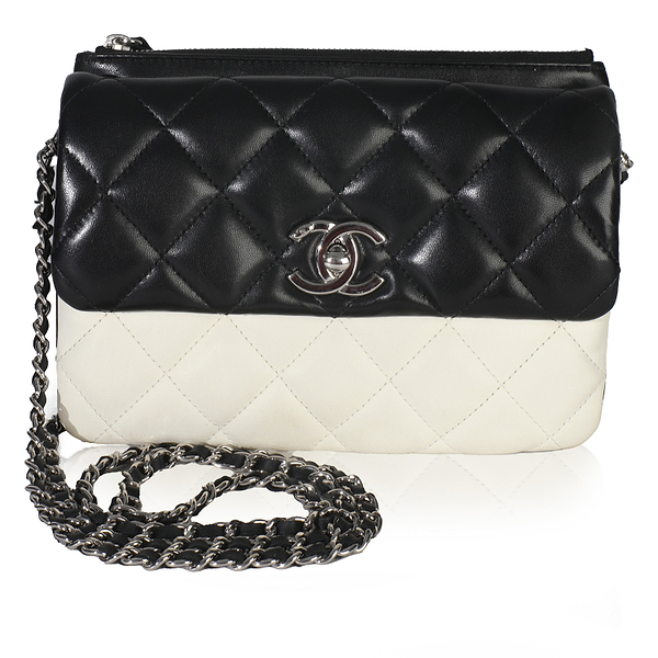 Black White Quilted Lambskin Front Pocket Chain Flap Bag