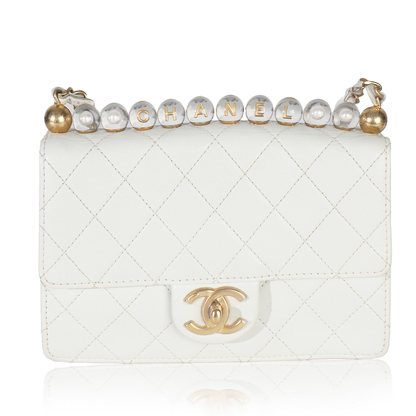 White Quilted Goatskin Small Chic Pearls Flap Bag