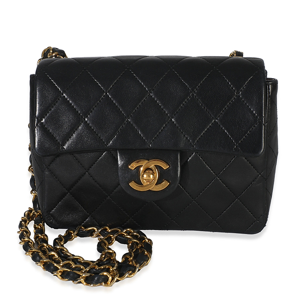 24k Vintage Black Quilted Lambskin Mini Square Flap Bag