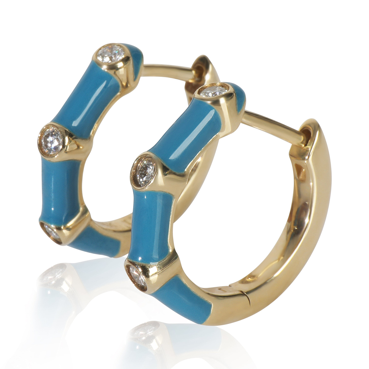 Yellow Gold Diamond Blue Enamel Huggie Earrings