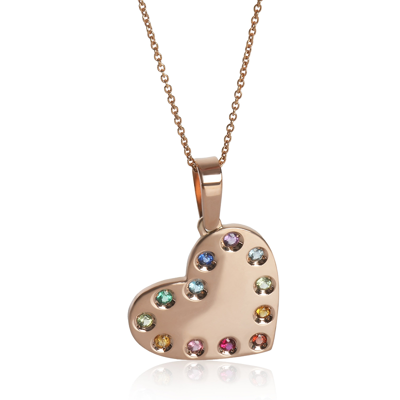 Rose Gold  Heart With Rainbow Gemstones Pendant