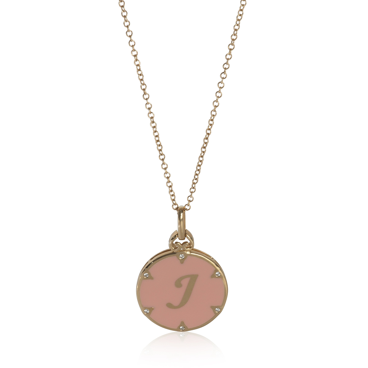Yellow Gold Diamond Pink Enamel Initial J Pendant