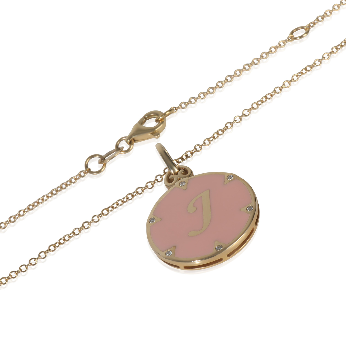 Yellow Gold Diamond Pink Enamel Initial J Pendant