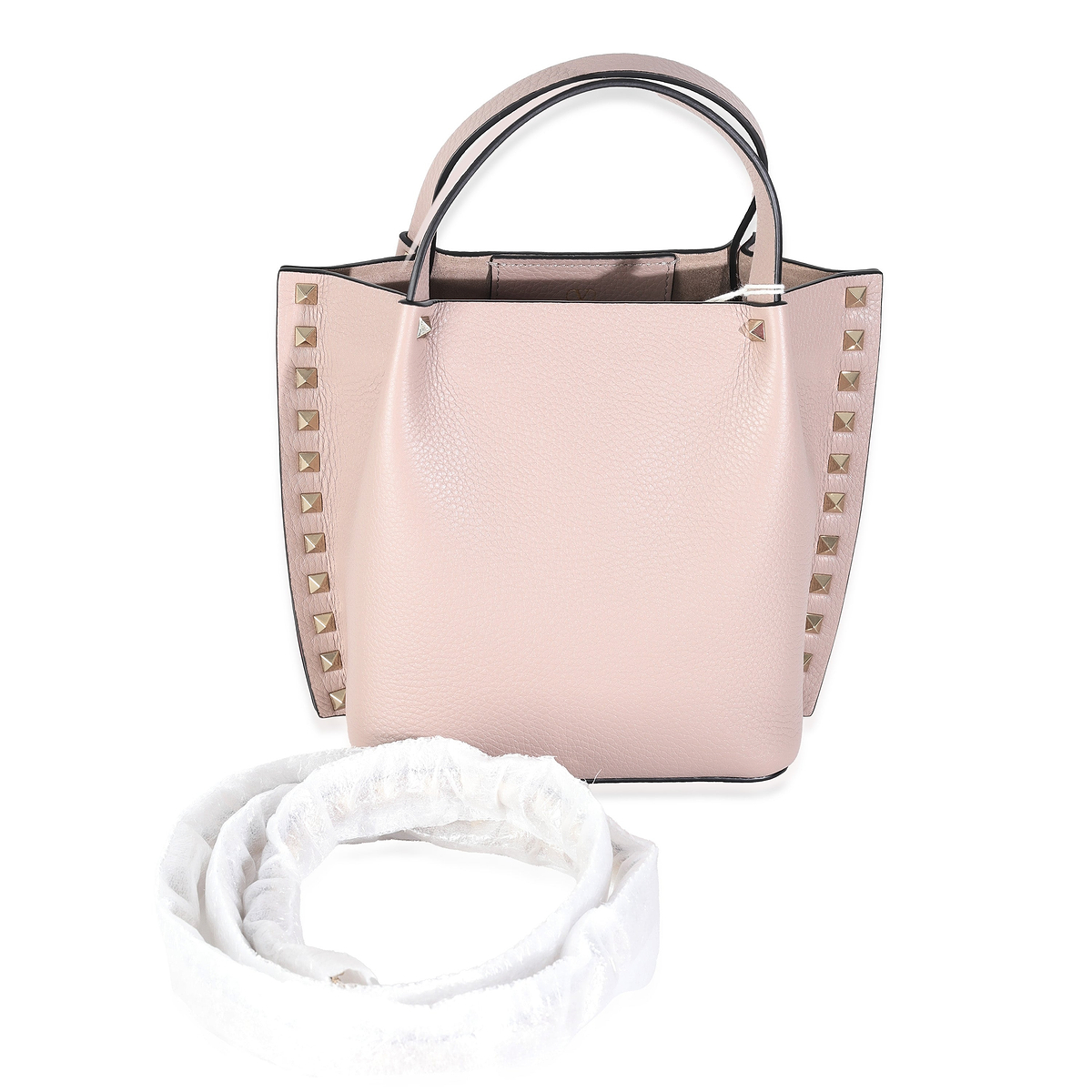 Beige Leather Small Rockstud Top Handle Tote