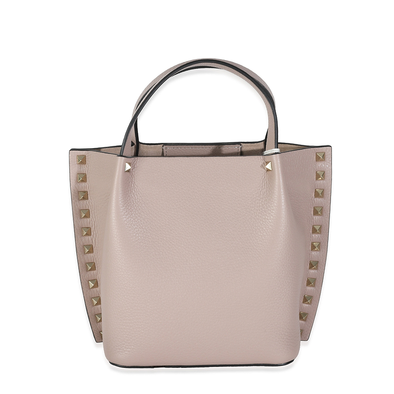Beige Leather Small Rockstud Top Handle Tote