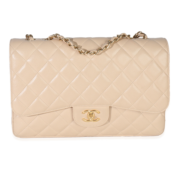Beige Quilted Caviar Jumbo Single Flap Bag
