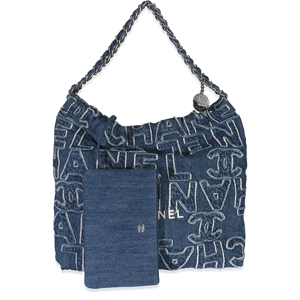 Blue Quilted Washed Denim Logo Embroidered Medium Chanel 22 Hobo