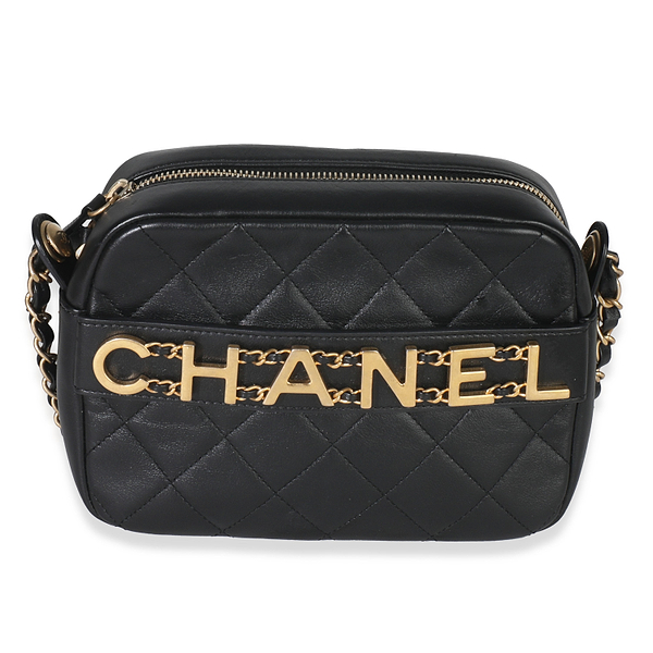 Black Quilted Lambskin Enchained Logo Chain Camera Case