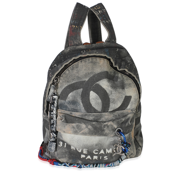 Grey Graffiti Printed Canvas Medium Backpack
