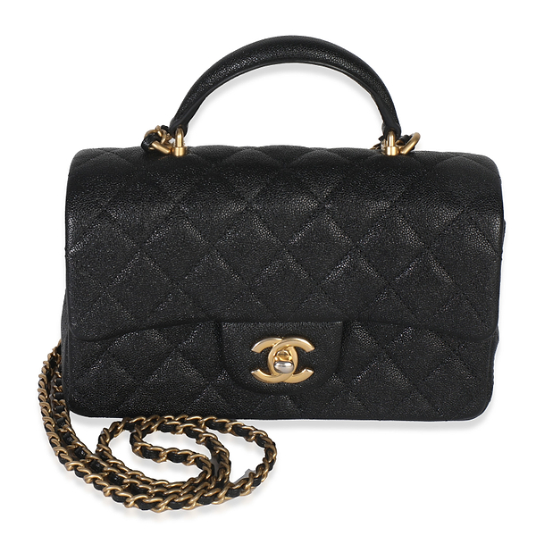 Black Quilted Caviar Mini Top Handle Rectangular Flap Bag