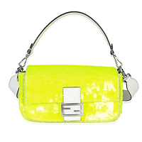 Neon Yellow Satin Sequin Paillettes Elaphe Sequin Medium Baguette Bag