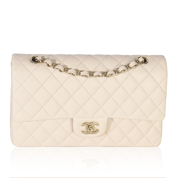 Beige Quilted Caviar Medium Classic Double Flap Bag