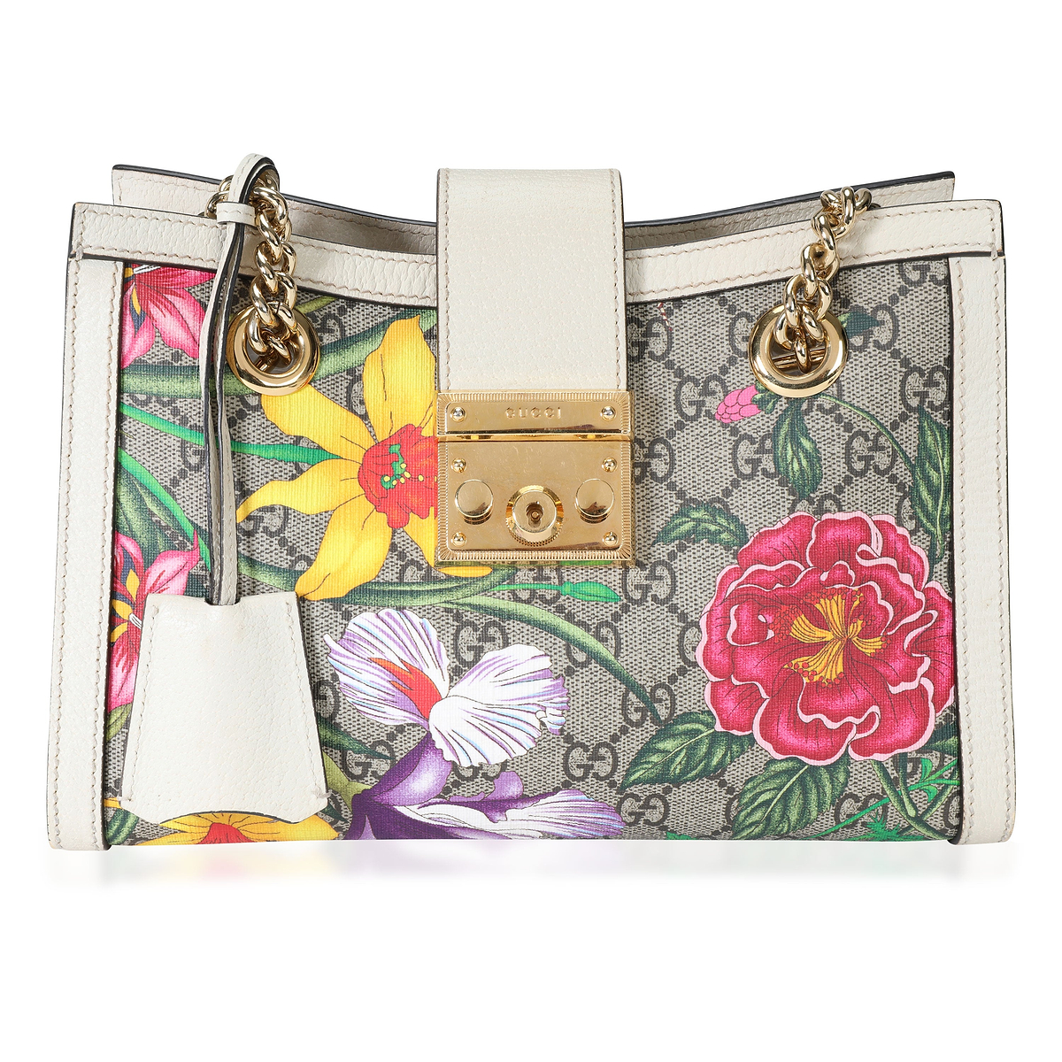 Gucci Flora GG Supreme & White Leather Small Padlock Shoulder Bag