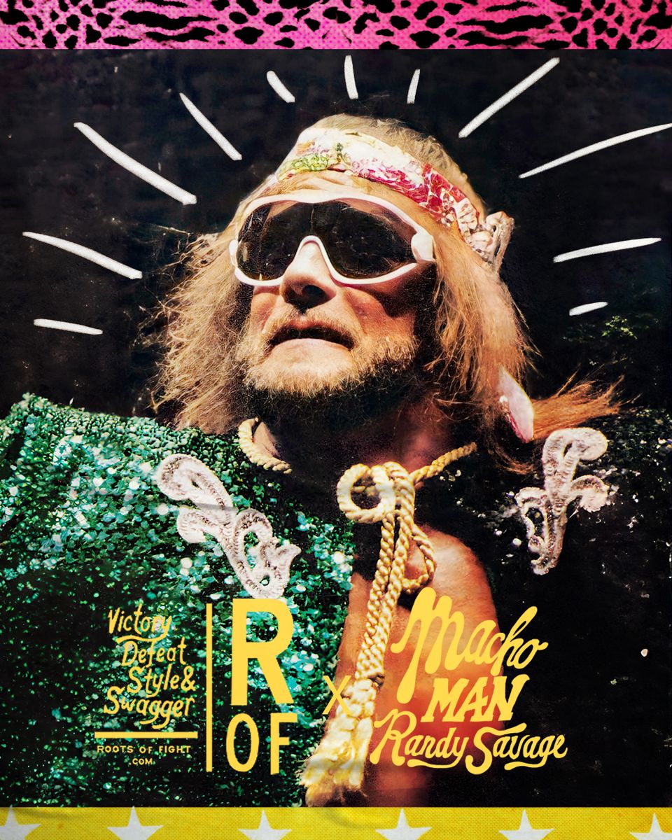 Macho Man wearing a green sequined outfit, sunglasses, and a headband, with text 'Macho Man Randy Savage.'