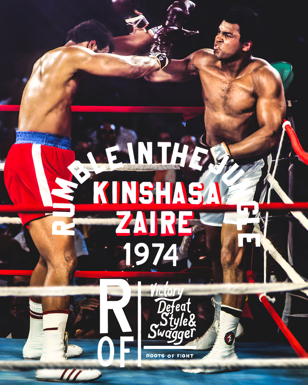 Two boxers fighting in the 'Rumble in the Jungle' match in Kinshasa, Zaire, 1974.
