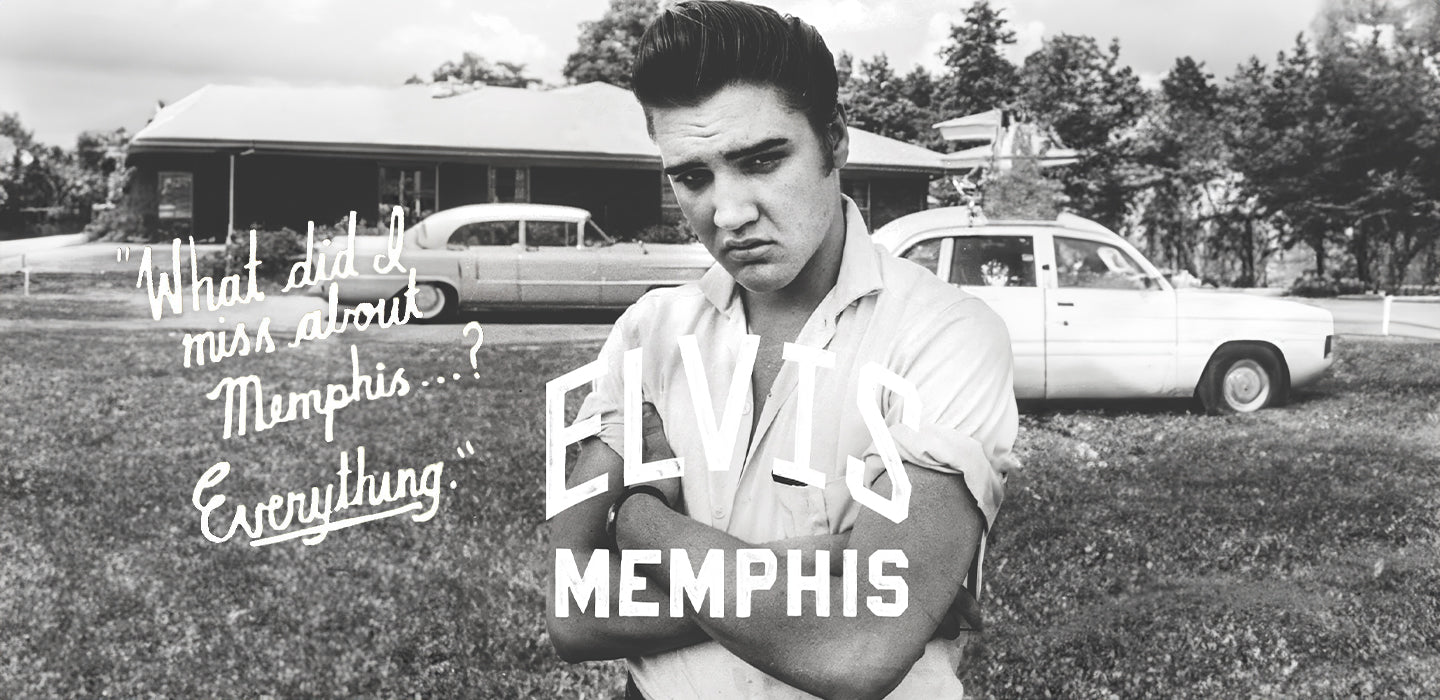 Black and white photo of Elvis Presley standing in front of a house and car, labeled 'Memphis.'