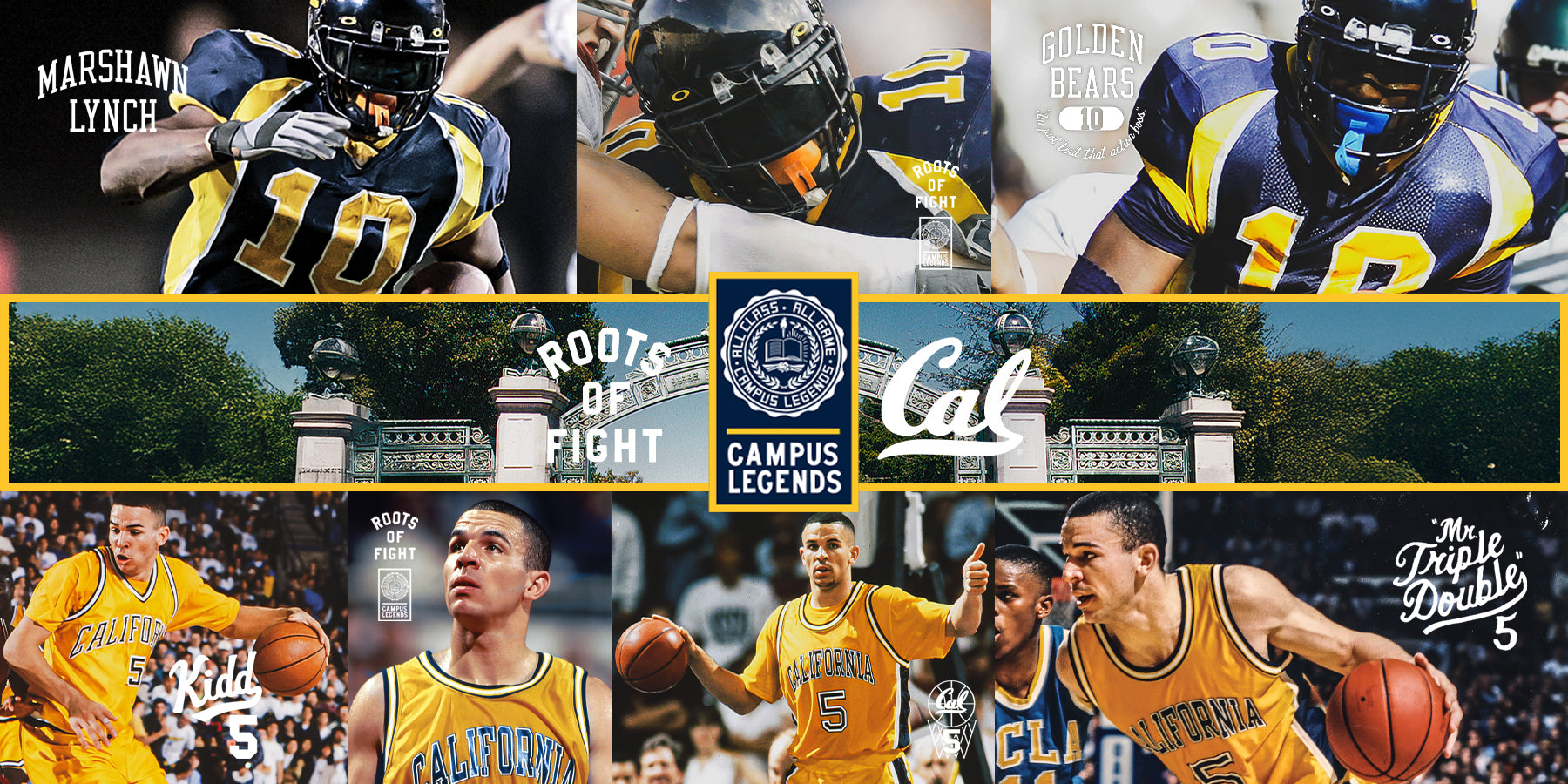 Collage featuring Marshawn Lynch and Jason Kidd in University of California sports attire.