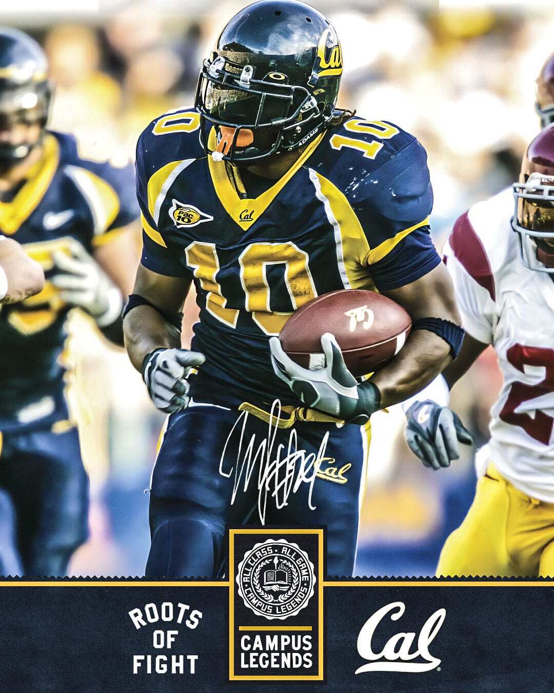Football player in Cal uniform running with the ball during a game.