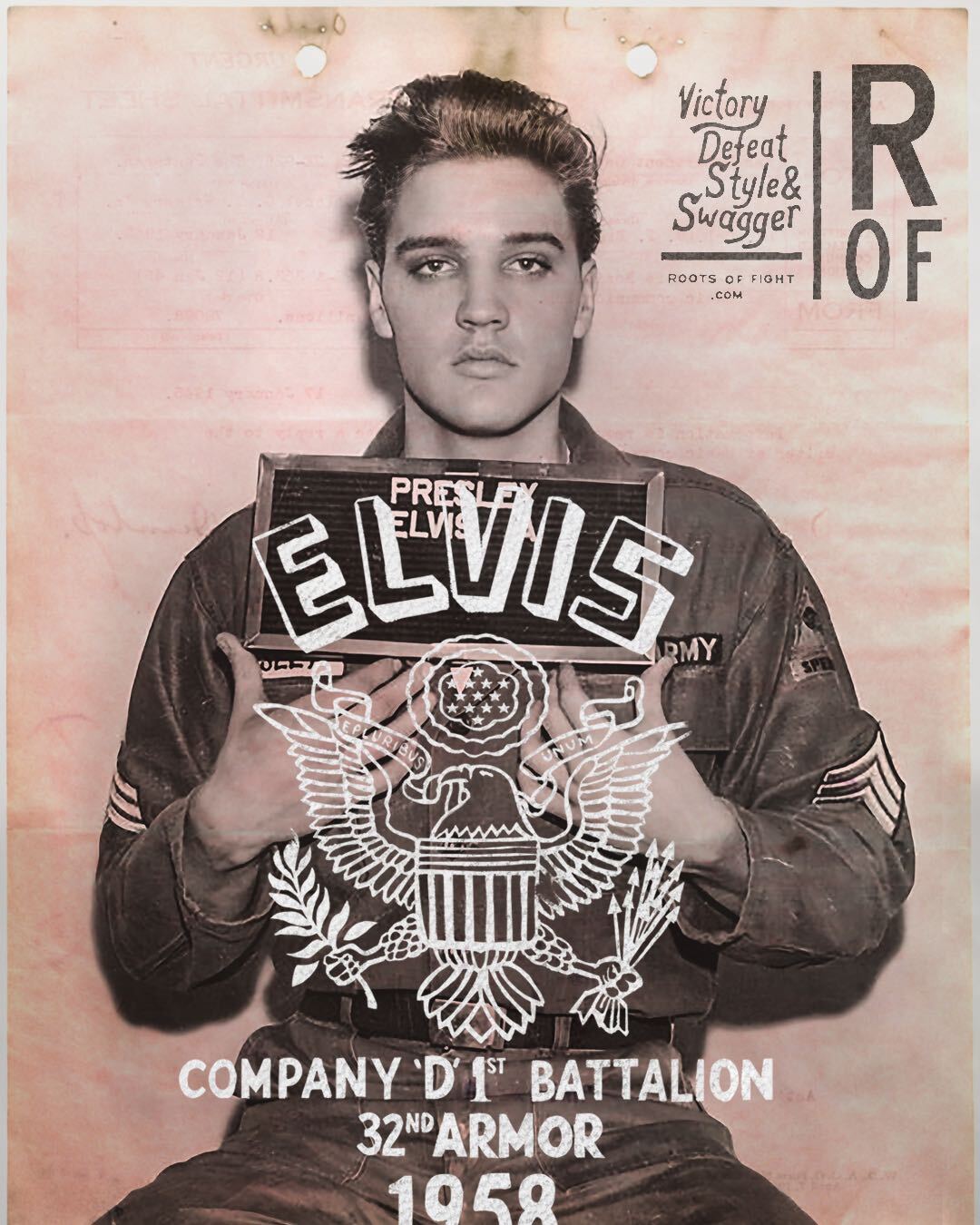 Black and white image of a military mugshot from 1958 with the name 'ELVIS' prominently displayed.