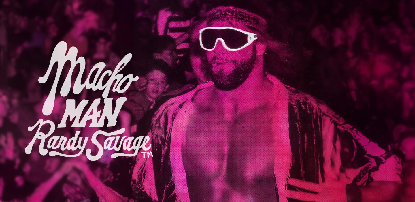 Macho Man wearing sunglasses with 'Macho Man Randy Savage' text overlay in a pink-tinted crowd background.
