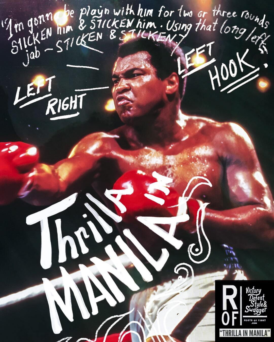 Boxer in action with text 'Thrilla in Manila' and annotated boxing moves.