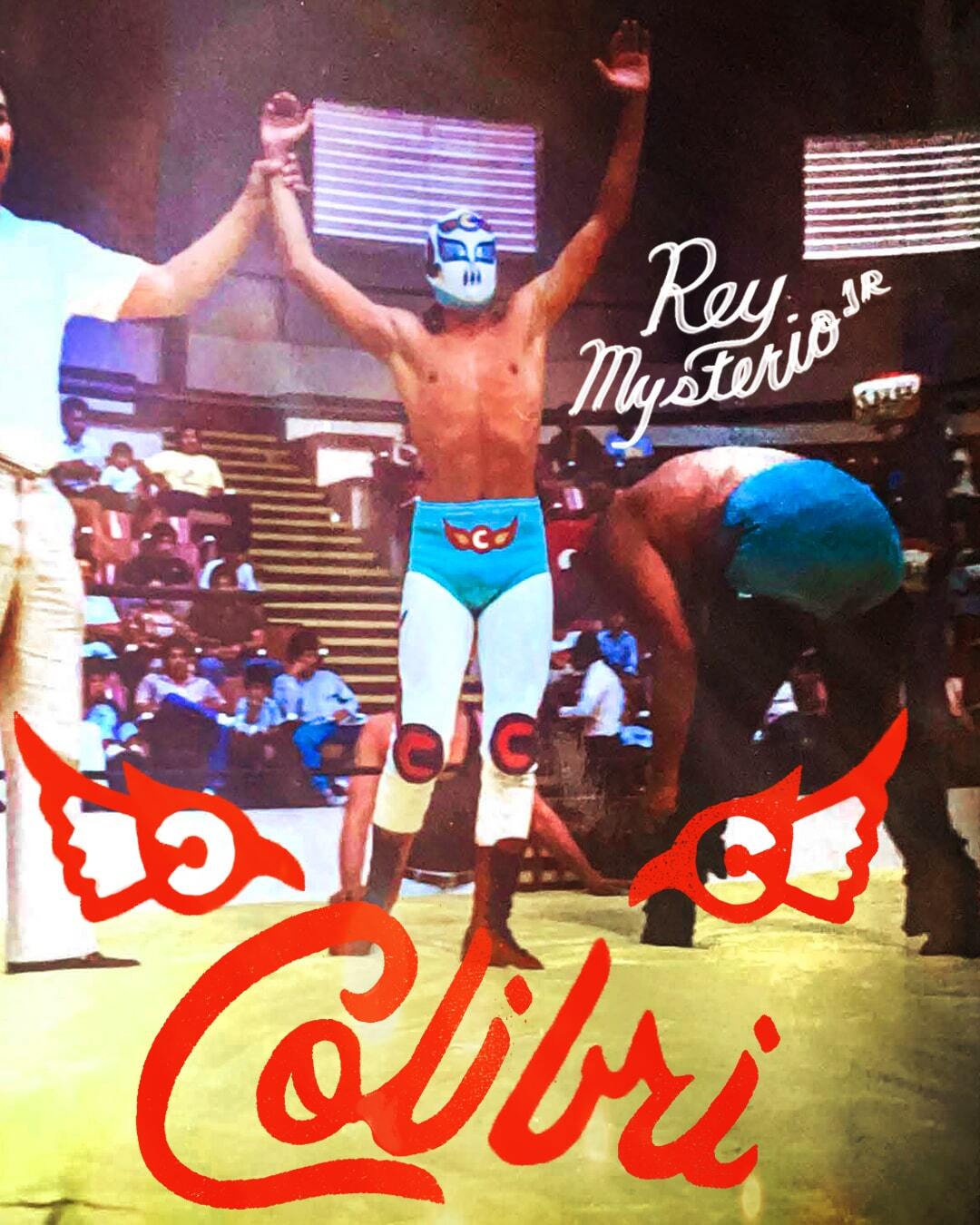 Masked wrestler celebrates victory in a ring, with 'Colibri' written in red text.