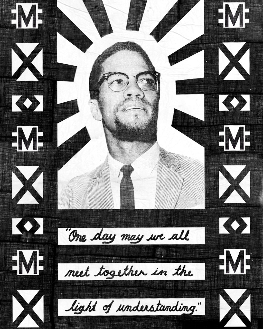 Black and white artwork of a man with symbolic patterns and a quote about unity and understanding.